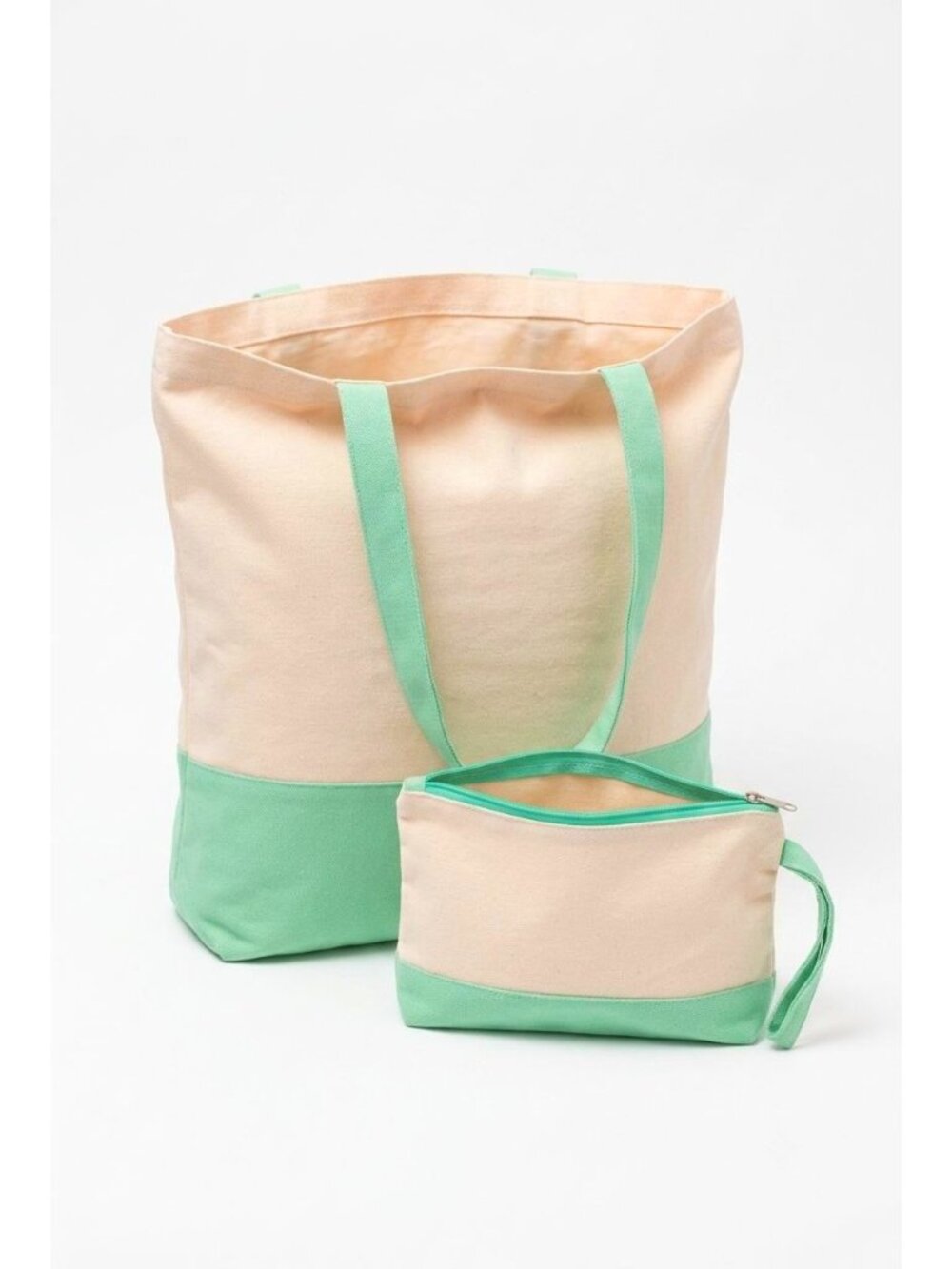 Canvas Tote & Pouch Set Beige And Mint Green Reusable Eco-Friendly Large Bag (SK